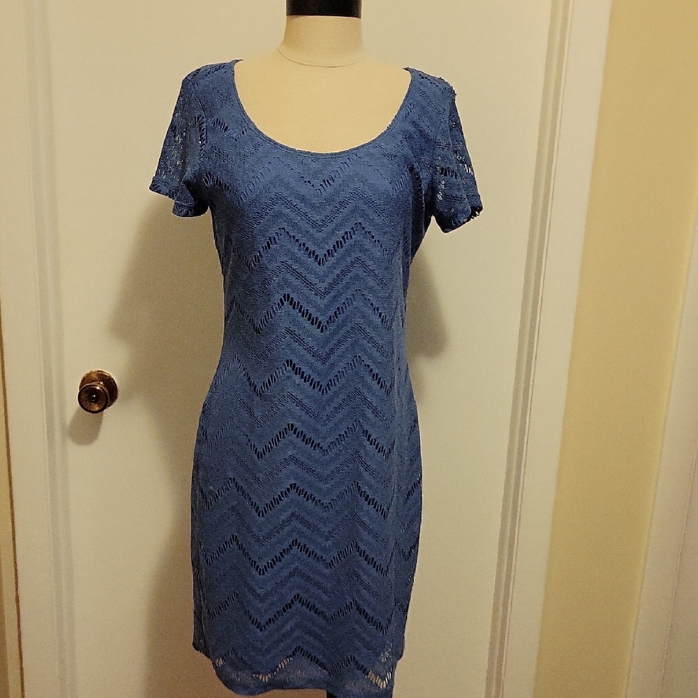 Tiana B. Blue Crochet Short Sleeve Sheath Dress